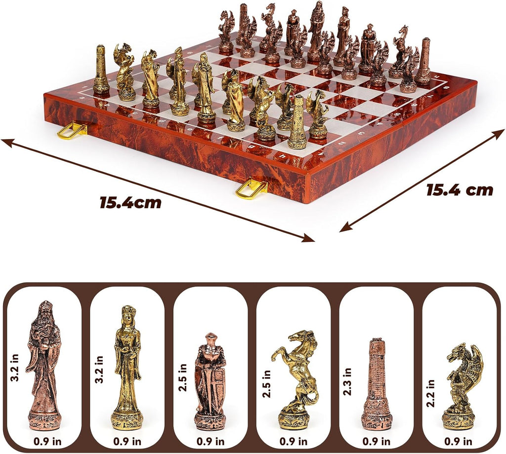 Vintage Figurine Metal Chess Set for Adults and Kids - 15'' Wooden Board with Metal Pieces - Travel Chess Set