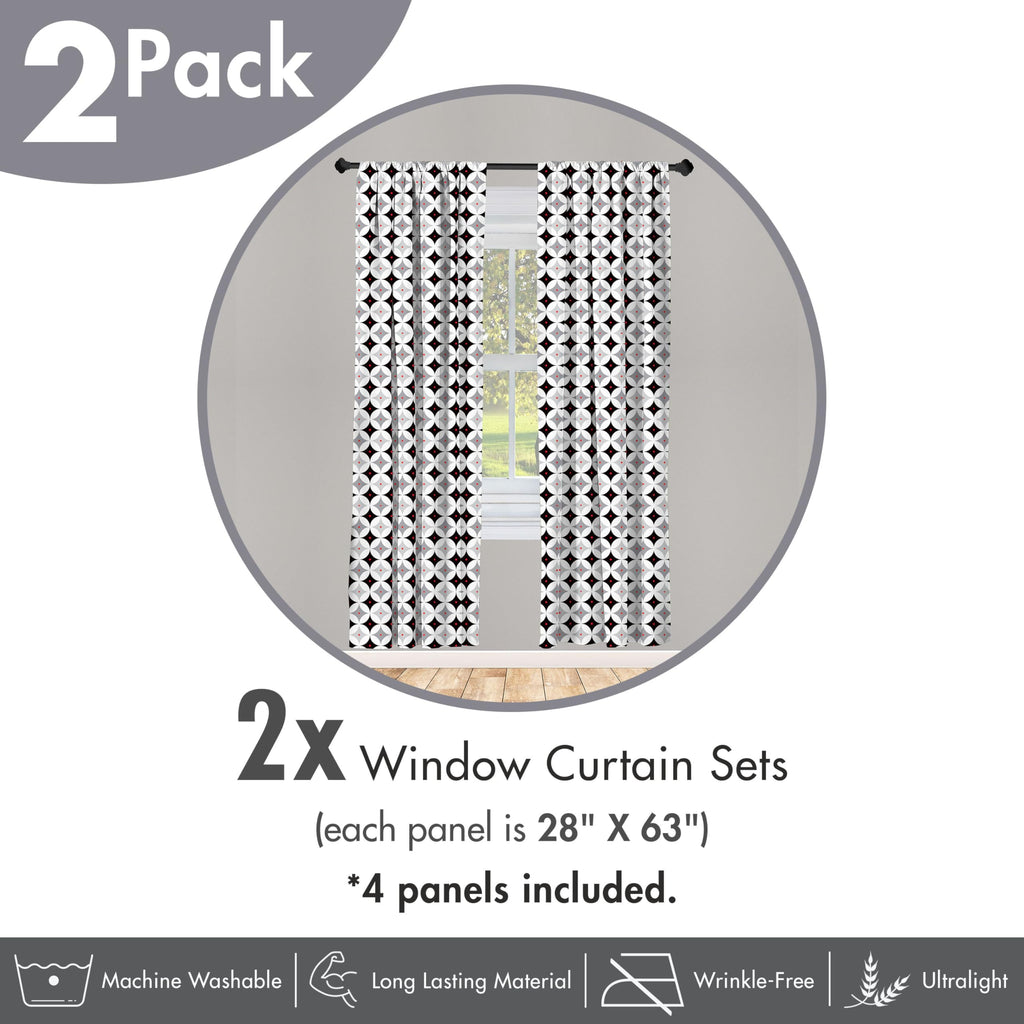 Mid Century Window Curtains Pack of 2, Retro Styled Atomic Composition Vintage Diamond Line Pattern, Lightweight Set
