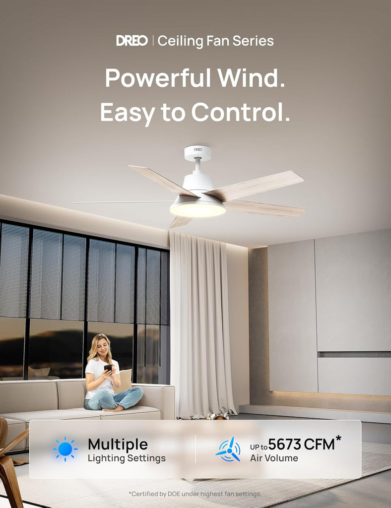 Smart Ceiling Fan with Lights and Remote, 52 Inch, White