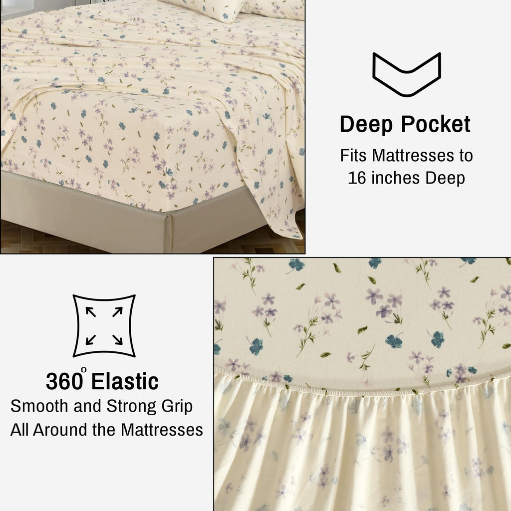 100% Cotton Flannel Sheets Split King Size, Jasmine Stamp Cream