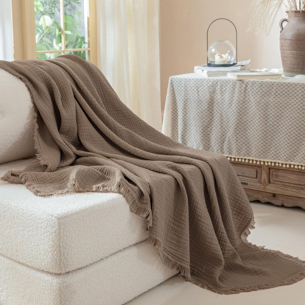 Muslin Fringe Blankets for Adults: 100% Cotton Cloud Soft