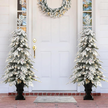 5ft Prelit Christmas Tree Set of 2, Artificial Christmas Trees with Lights, Flocked Fir Potted Christmas Porch Tree