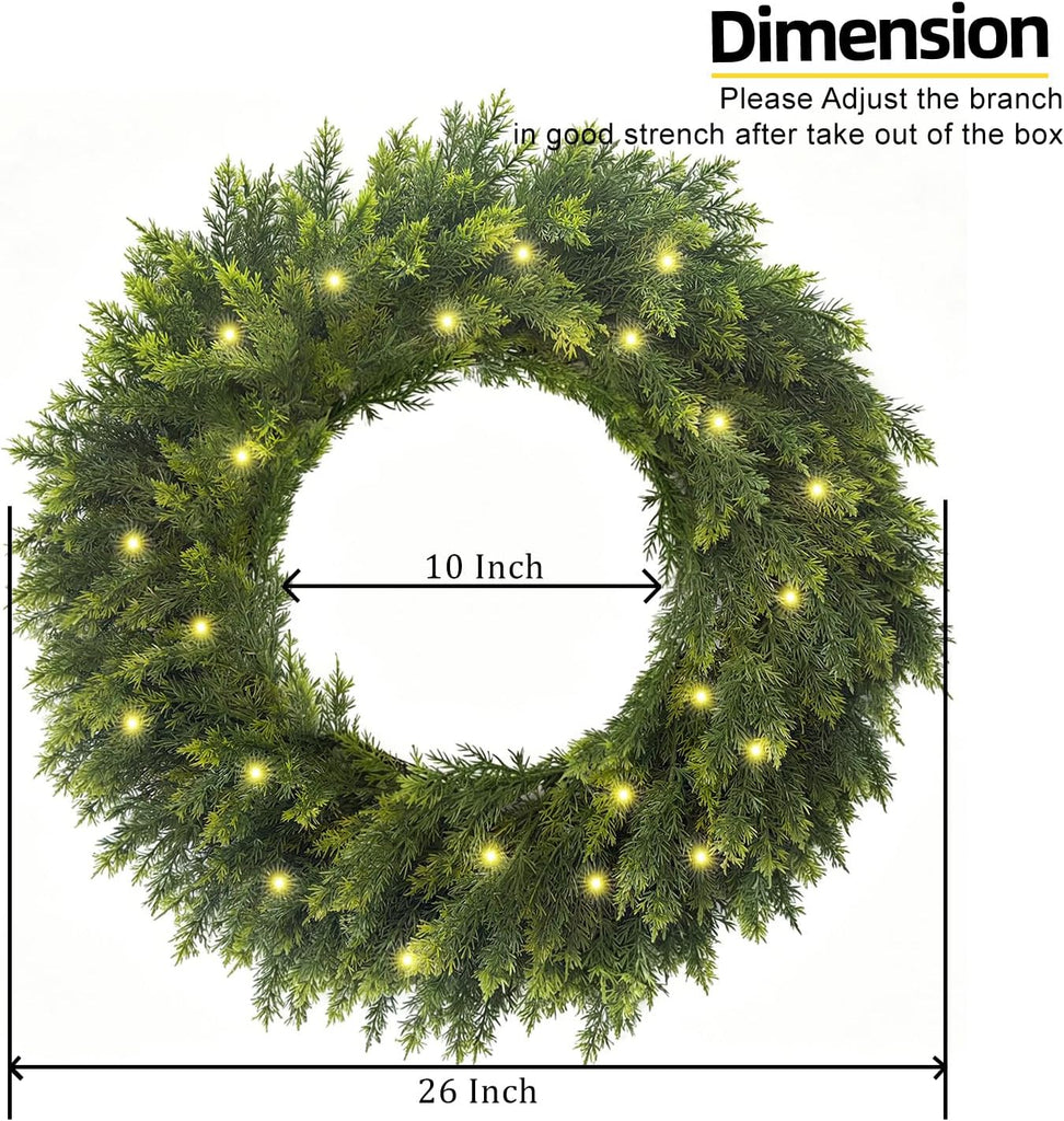 26 Inch Lighted Real Touch Christmas Cedar Wreath for Front Door | Artificial Greenery Foldable Wreath with Lights