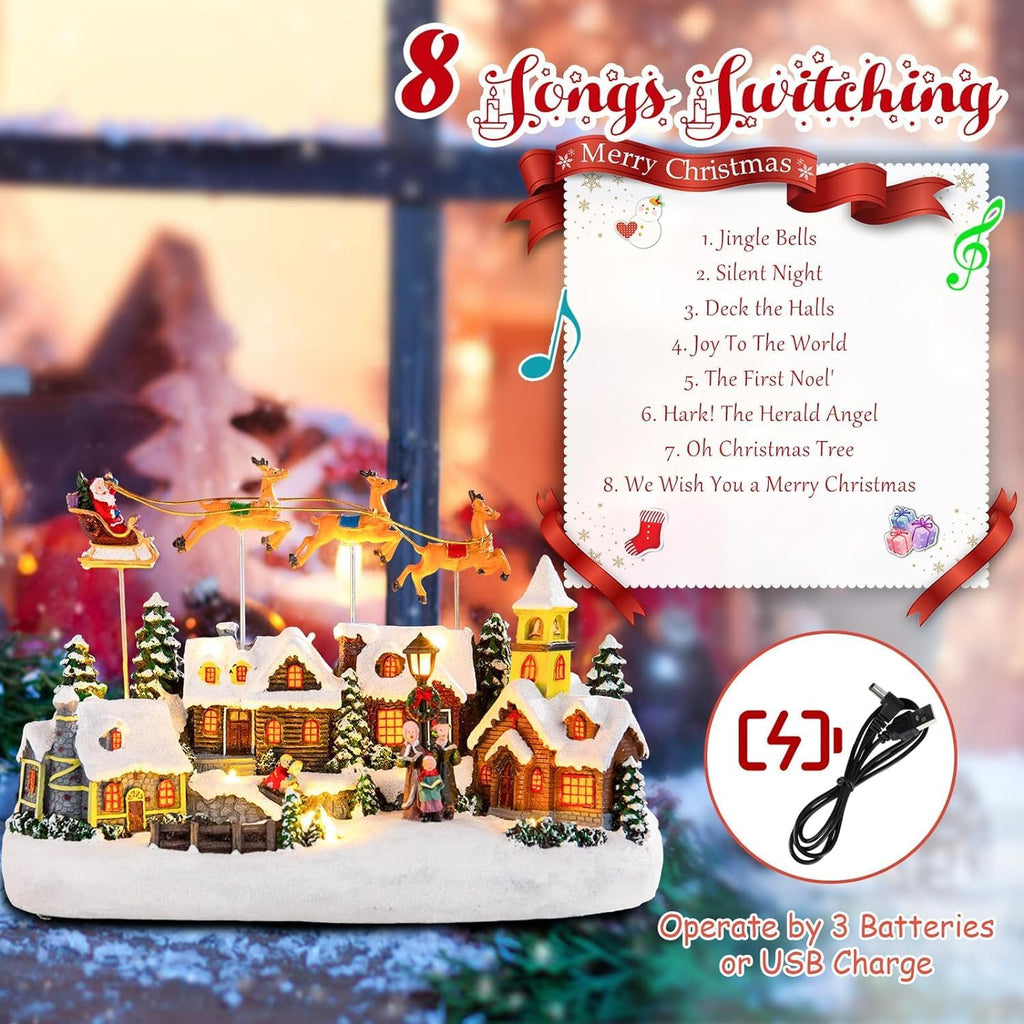 Christmas Village Lighted Decoration Musical Animated Display Christmas Collectible Santa Deer Battery Operated