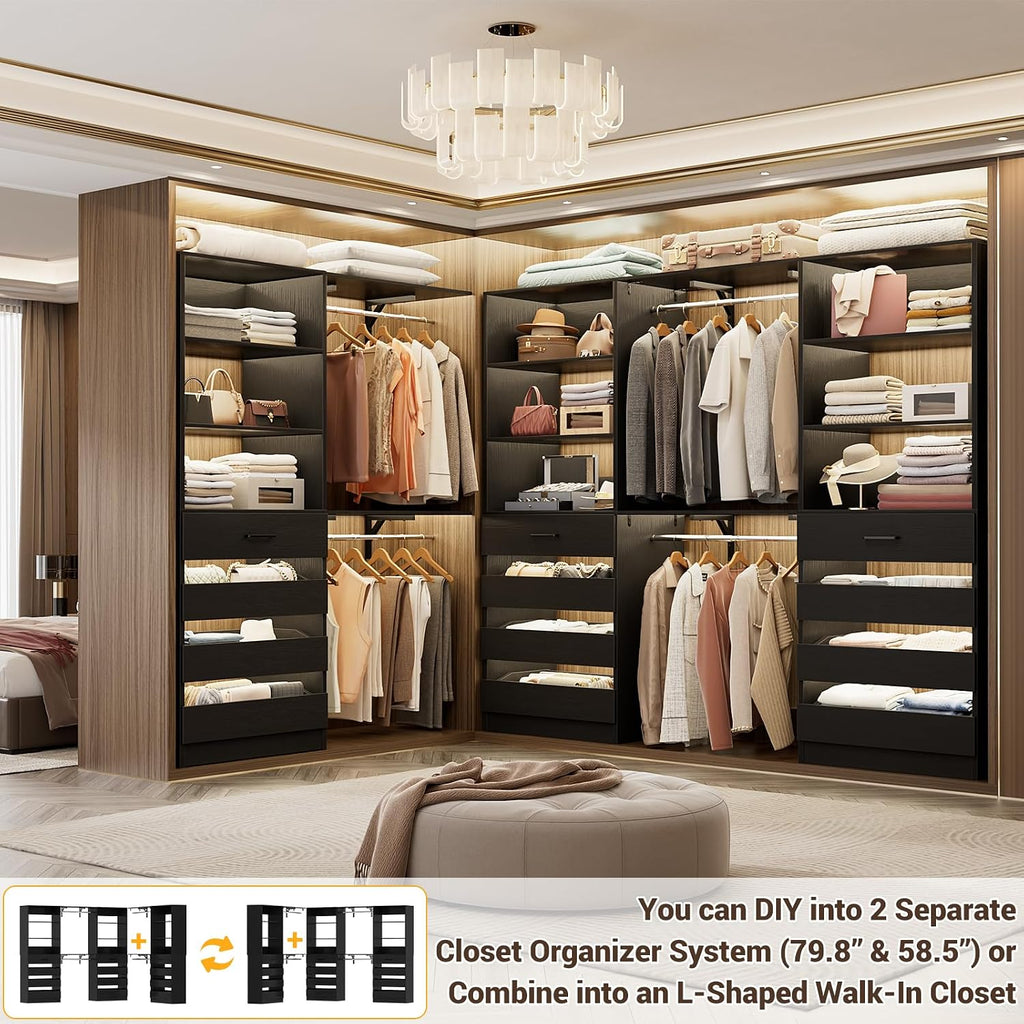 Closet System with 12 Drawers, 138.5" Wood Closet Organizer System with 4 Hanging Rods & Top Shelves, 6.7+4.85Ft L