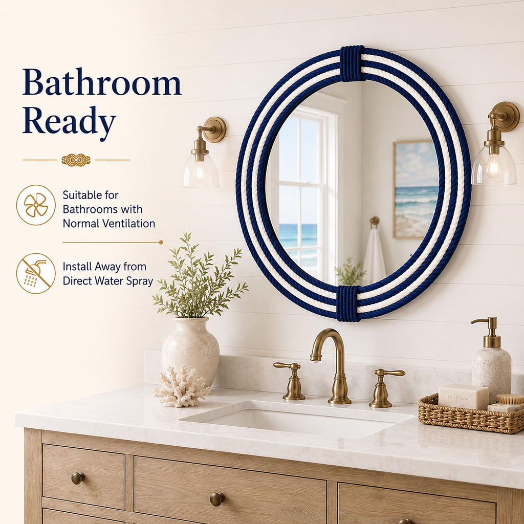 30" Navy Stripe Round Wall Mirror, Handwoven Cotton Rope Frame