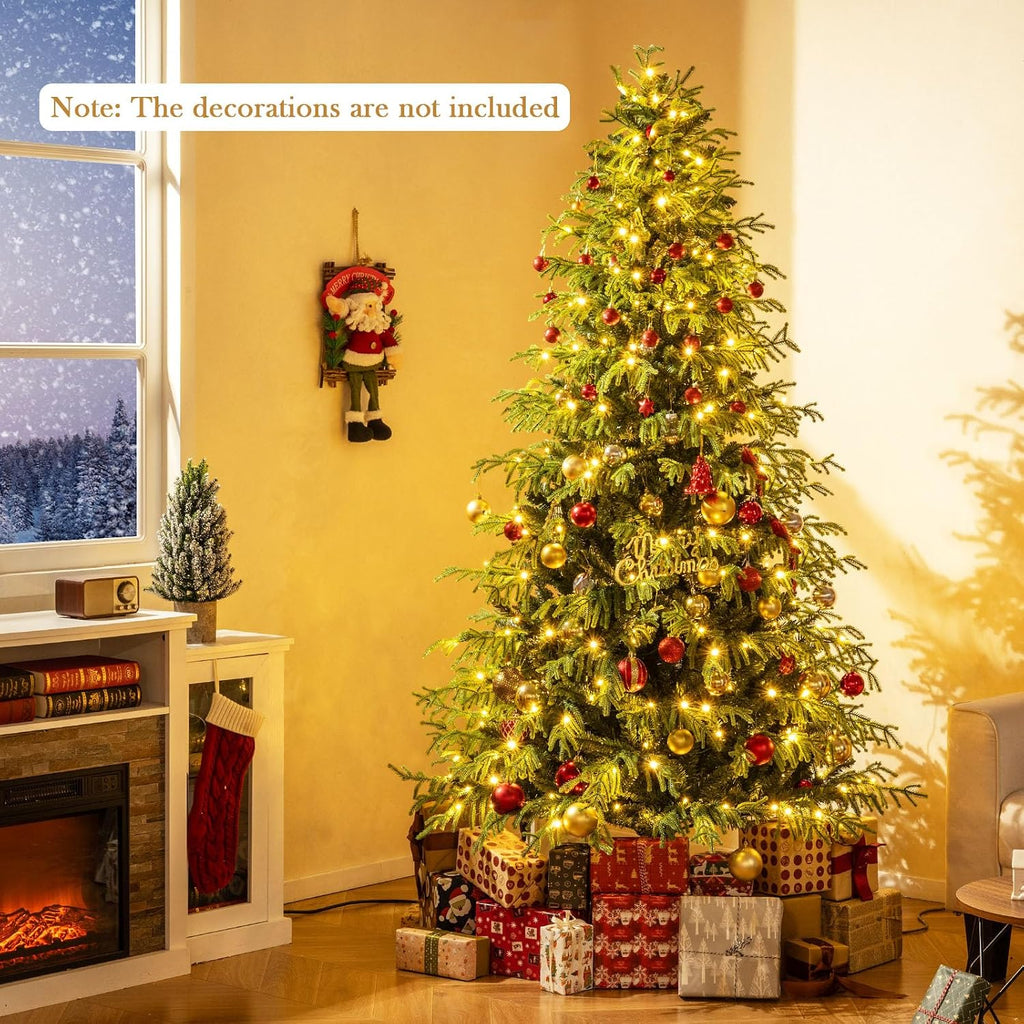 7 FT Pre-Lit Artificial Christmas Tree, Hinged Full Xmas Tree with 1090 PVC & Soft TPE Branch Tips, 370 Warm White