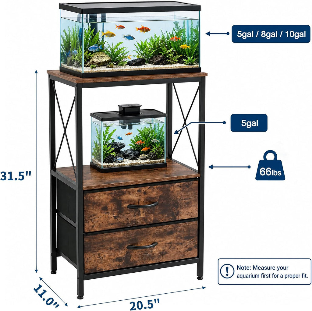 Aquarium Stand 5-10 Gallon with 2-Tier Shelf, Fish Tanks Stand with 2 Drawers, Metal Frame Heavy Duty Reptile/Turtle