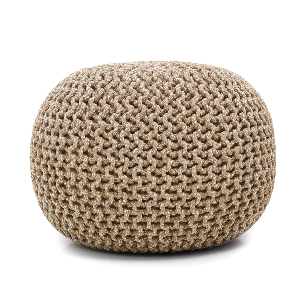 Round Pouf - Hand Knitted Boho Poof - Beige Ivory, Set of 2