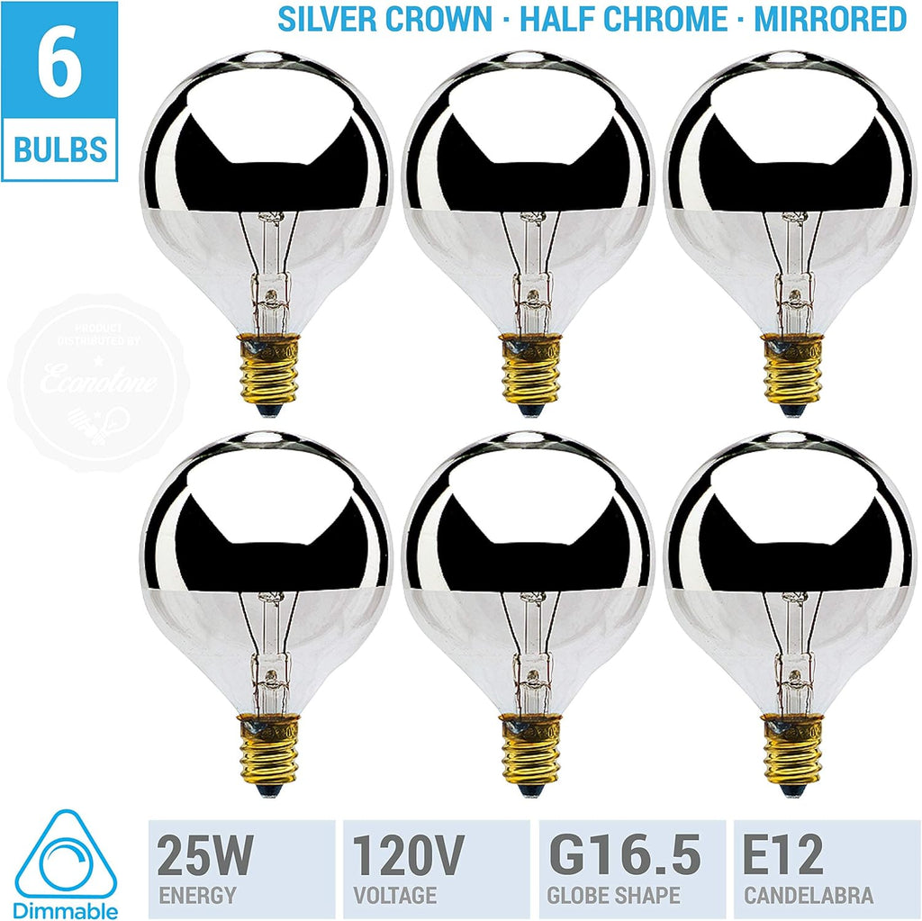 G16.5 Silver Crown Incandescent Globe Light Bulb, 25W, E12 Candelabra