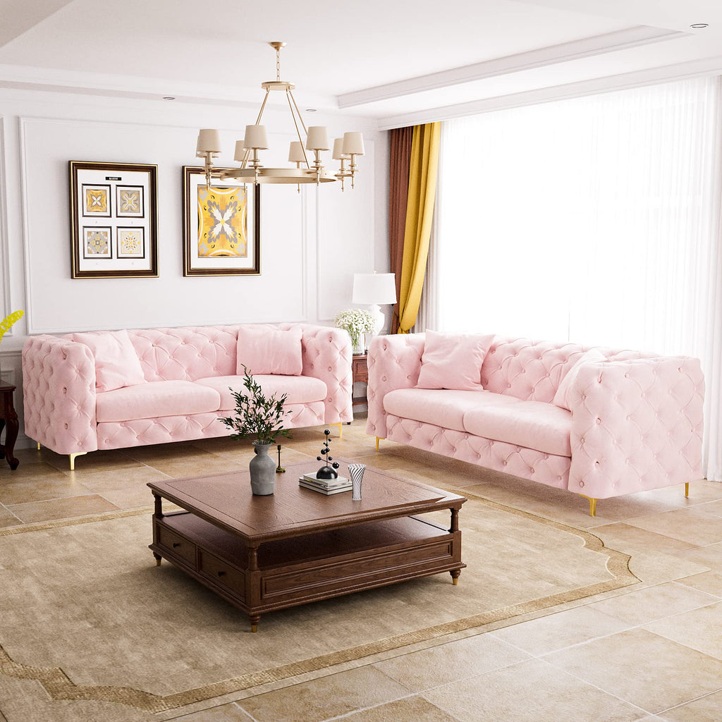 75" Mid Century Modern Sofa with Tufted Back, Gold Metal Legs, Pink