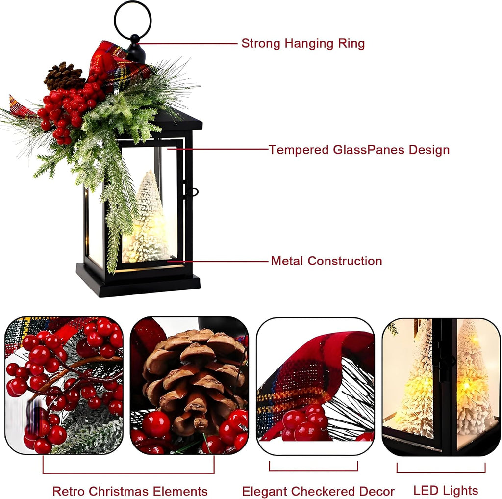 2Packs 14" Lighted Christmas Lanterns, Hanging Christmas Lantern Decorative with Snow-Covered Tree, Bow & Pine Cone