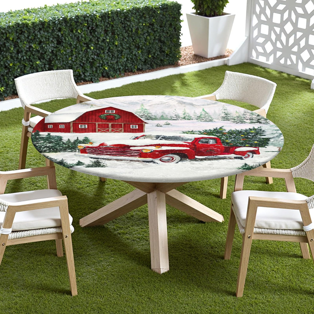 Christmas Round Fitted Tablecloth with Elastic Edge, Water-Resistant Wipeable Winter Snow Red Truck Farmhouse Xmas