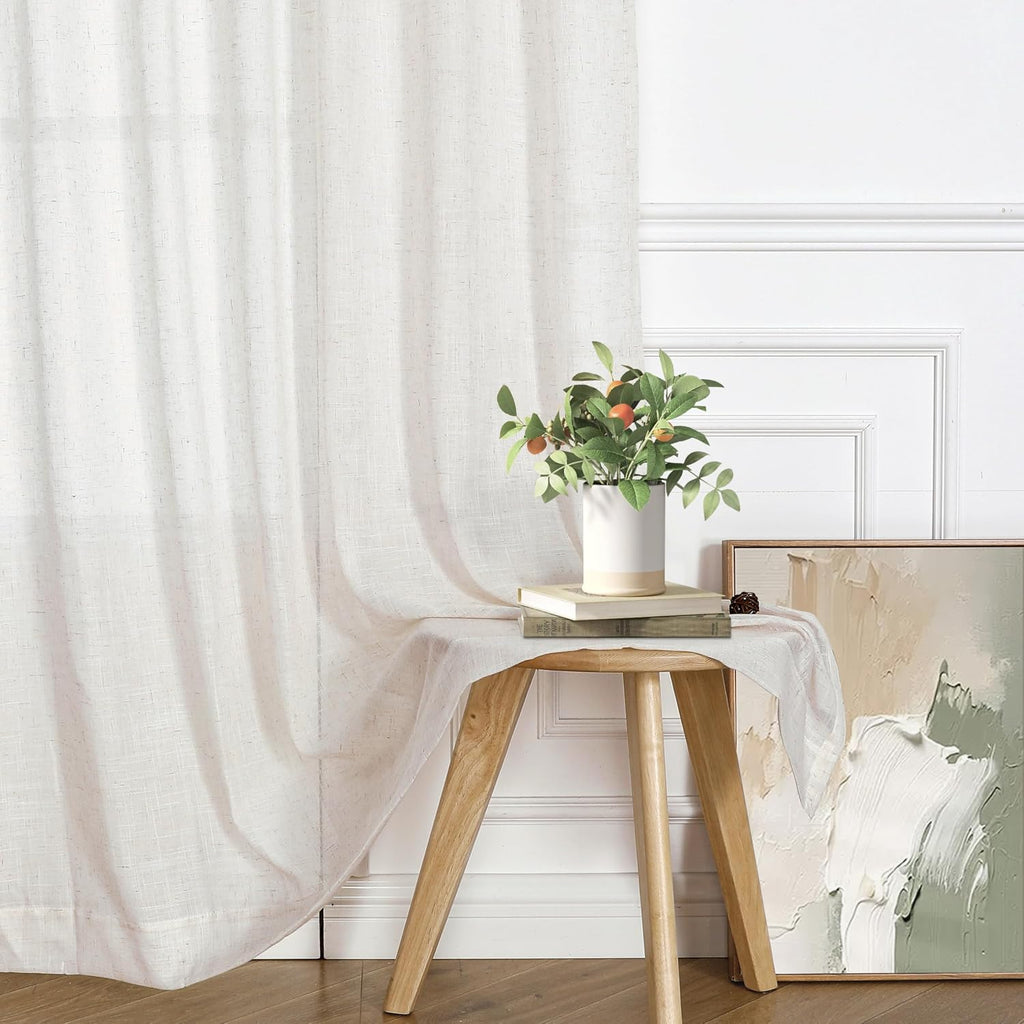 95 Inches Long Natural Pinch Pleated Sheer Curtains for Bedroom 2 Panels,Farmhouse Rustic Linen Living Room Pleat
