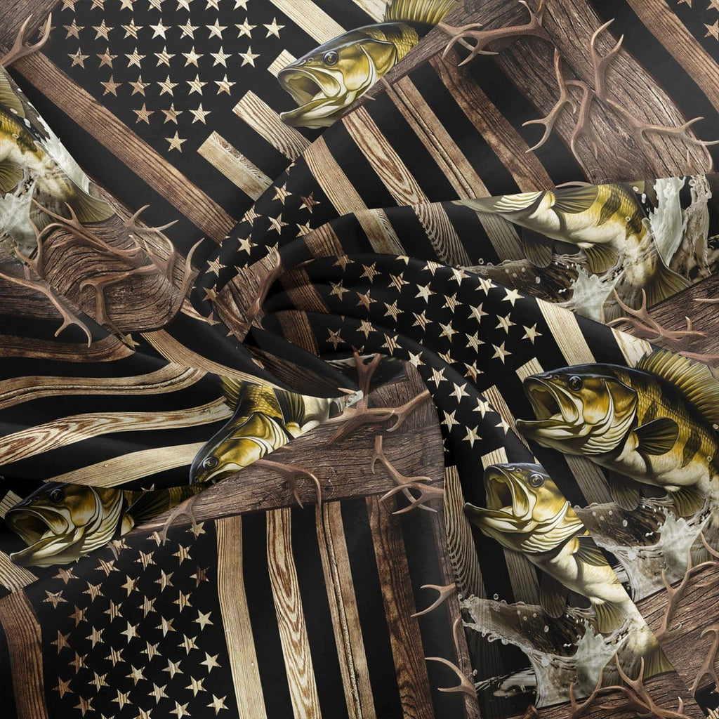 Fish Hunting Fabric by The Yard, Farmhouse Style Antler Soft Polyester No Stretch Fabric, Flag Wooden Plank Decorative