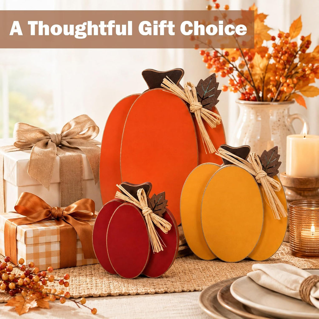 Wooden Pumpkin Fall Decor, 3-Piece Indoor Fall Decorations, Rustic Harvest Autumn Thanksgiving Pumpkin Signs - Set of 3