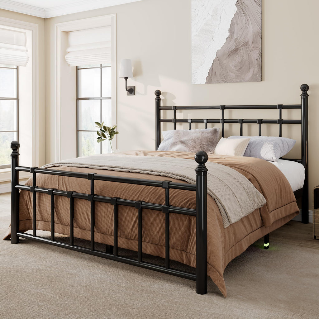 Full Size Metal Bed Frame, Platform Bed with Classic Wrought Iron-Art Headboard and Footboard, 12" Underbed Space, No