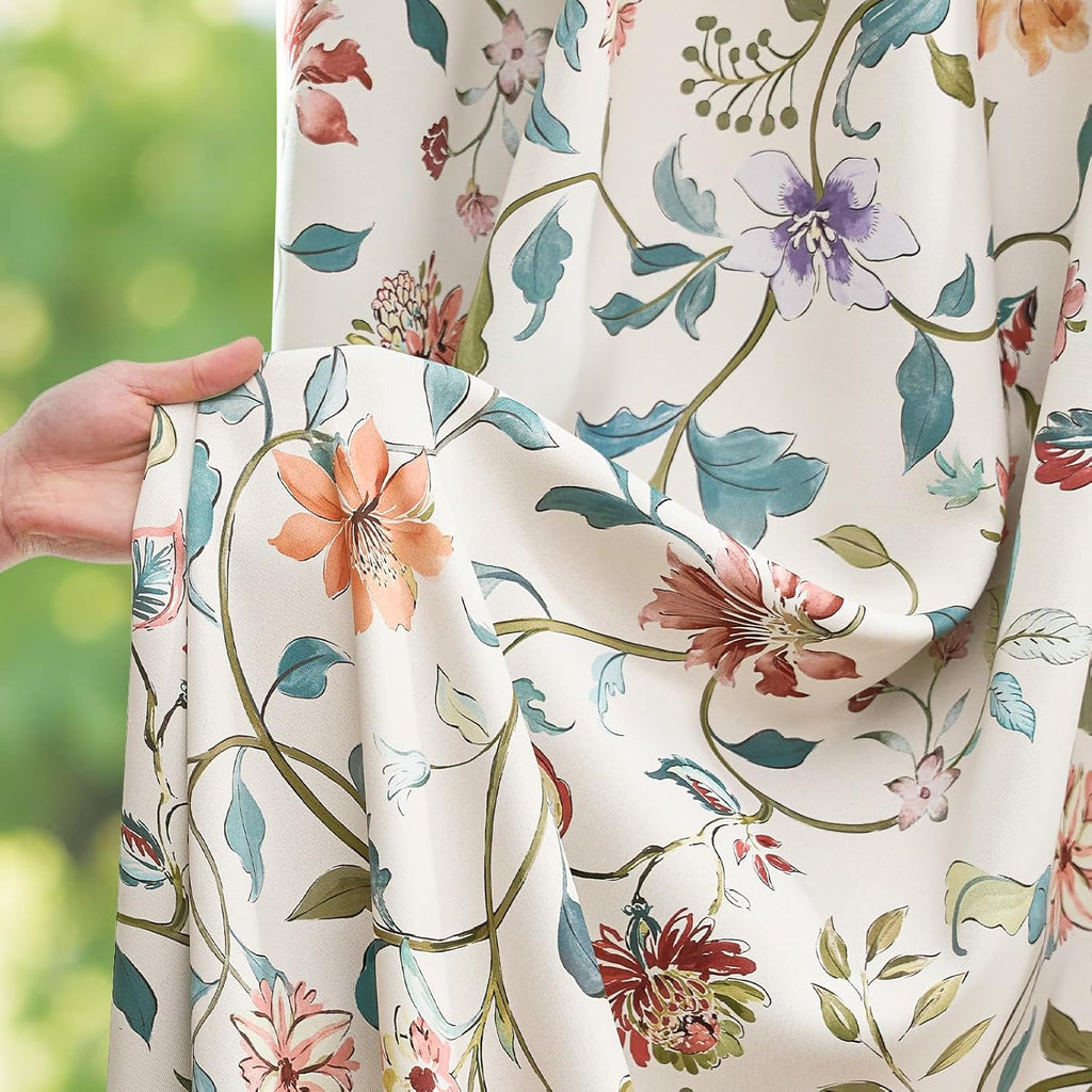 Beige Floral Blackout Curtains 84 Inch Length - Room Darkening Vintage Curtains Cream Botanical Drapes , Elegant