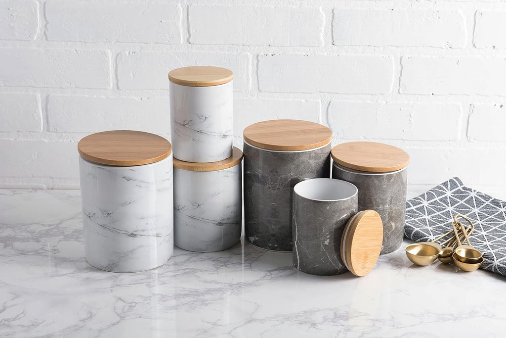 Kitchen Ceramic Canister Set, 4.5c / 3c / 1.25c, White Marble Pattern - Set of 3