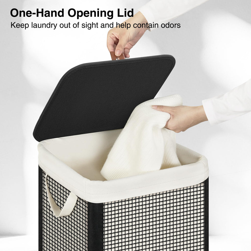 Laundry Hamper with Lid, 90L Sturdy Steel-Frame Clothes Hamper with Removable Washable Liner, Breathable Large