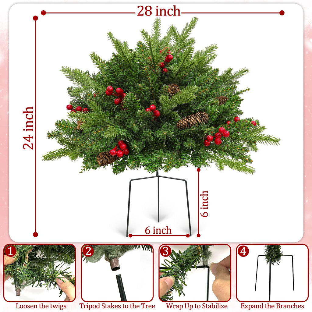 Timer 2 Pack Outdoor Christmas Tree Urn Filler 24 Inch Artificial Xmas Tree withPinecones Red Berries Tripod Stake