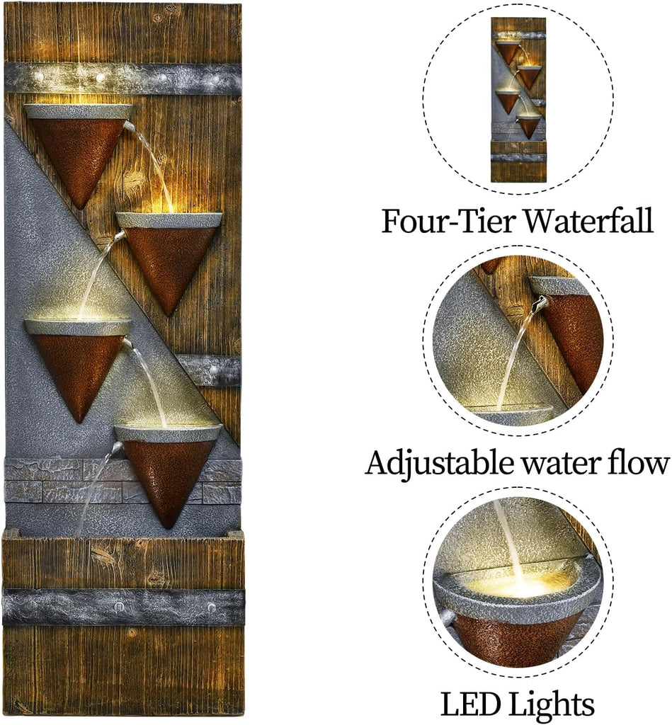 49.21" Outdoor Garden Water Fountain with Lights Floor-Standing 4 Tiers Cascading Large Waterfall Fountain