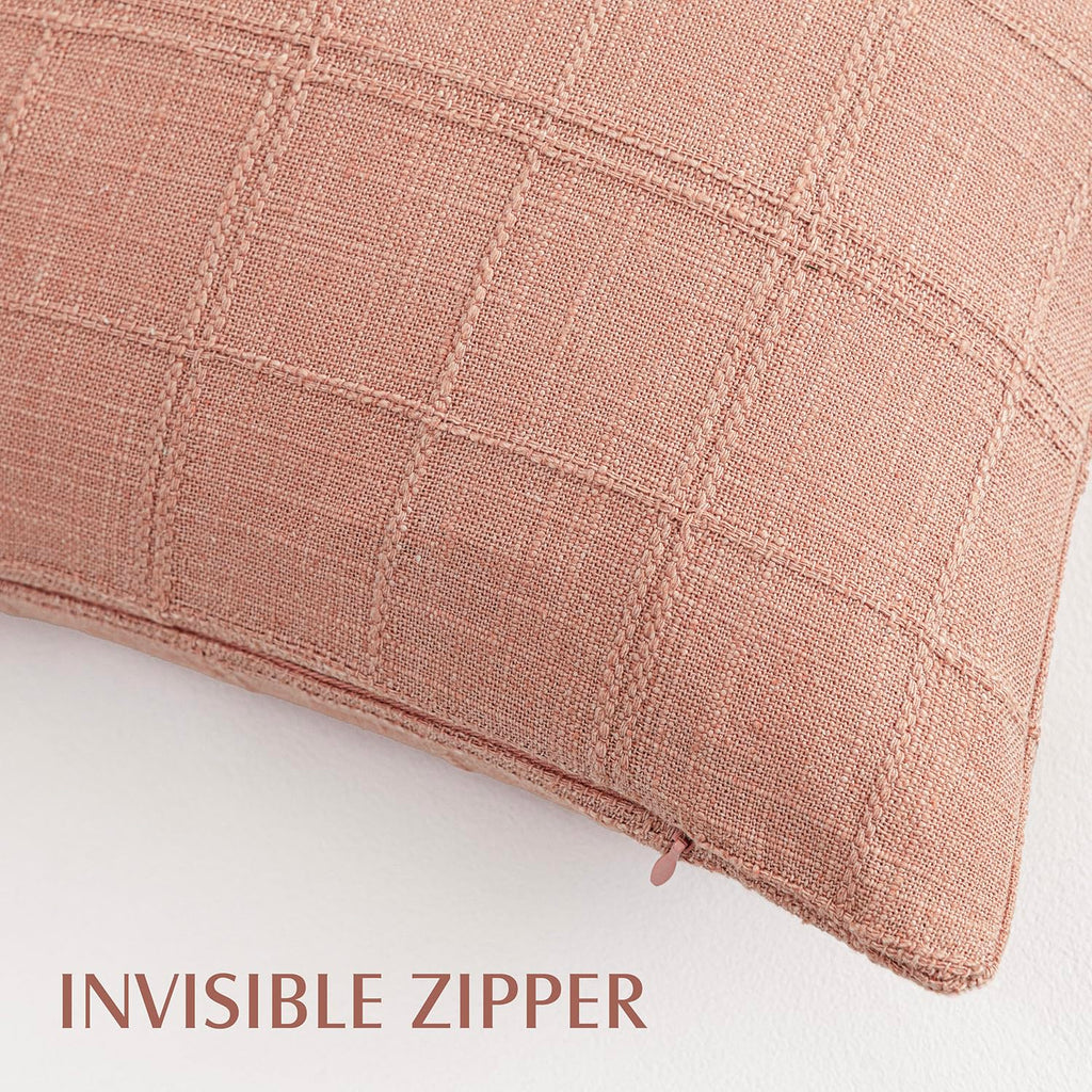 Boho Linen Check Decorative Throw Pillow Covers 22×22 Coral Pink