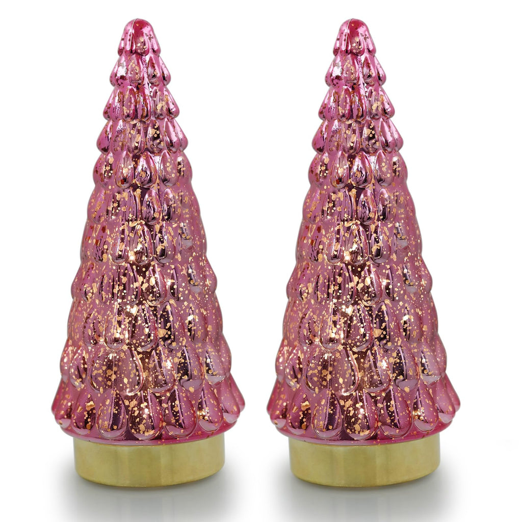 Pink Glass Christmas Tree 2pcs, Tabletop Mercury Christmas Tree with Light, Battery Operated Small Xmas Tree for