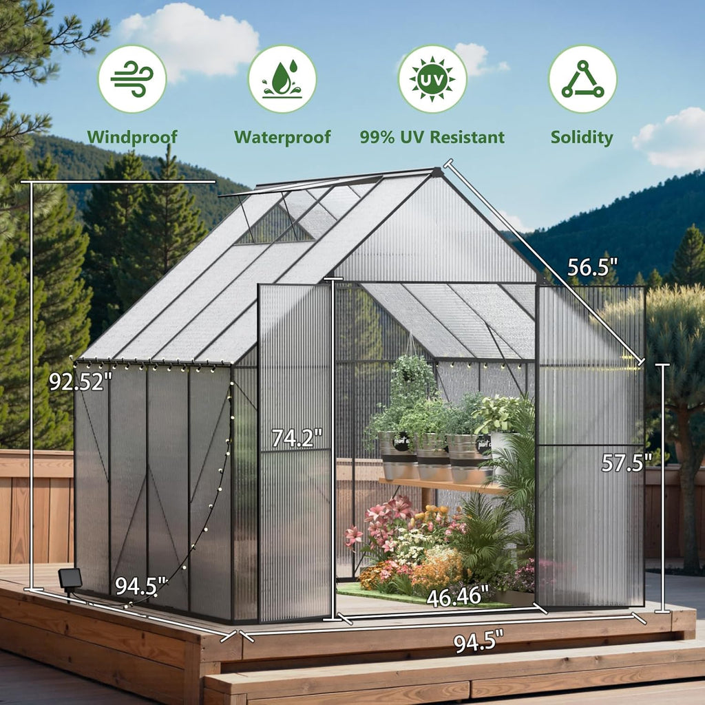 8x8 FT Greenhouse for Outdoors, Heavy-Duty Polycarbonate Greenhouse | Backyard Greenhouse Kit with Adjustable Roof