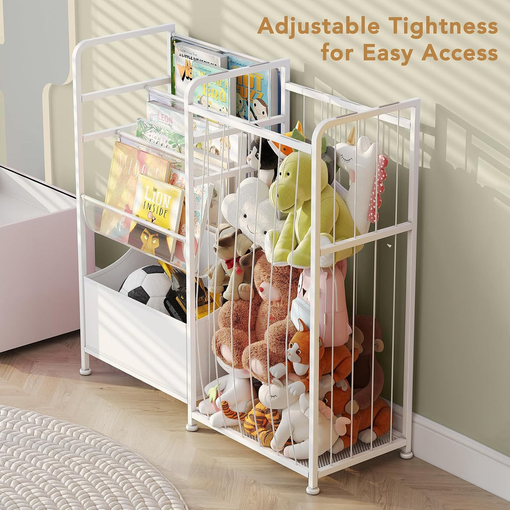 Kids Bookshelf and Stuffed Animal Storage - Multi-Function Nursery Book Shelves with Leather Toy Box and PVC Book