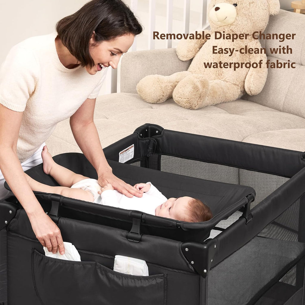 Pack and Play, Baby Bassinet Bedside Crib with Changer, Black | One-push setup, mattress, breathable mesh, adjustable