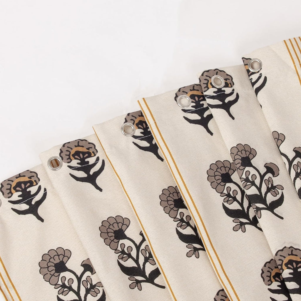 Brown Floral Linen Shower Curtain - Vintage Block Print Striped Shower Curtain Set,Rustic Farmhouse Frenchy Bathroom