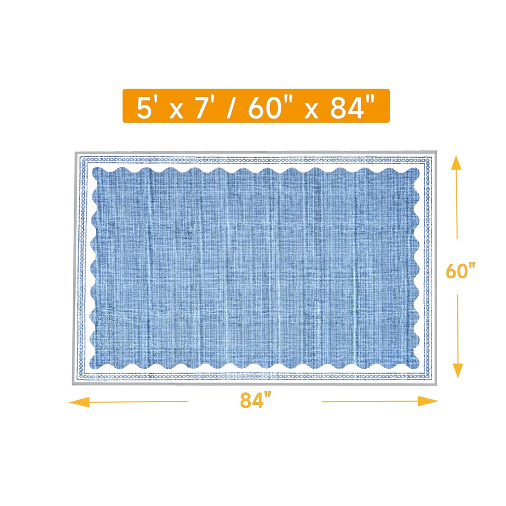 Scalloped Rug Solid Blue Washable Non-Slip Rug Modern Aesthetic Rugs Kitchen Dining Indoor Entry Entrance Floor