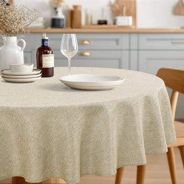 Round Table Cloth Faux Linen Farmhouse Tablecloth Wrinkle and Stain Resistant Decorative Fabric Table Cover, Parties