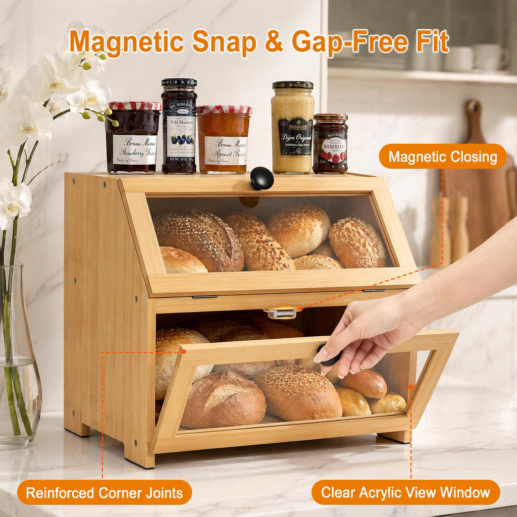 Bamboo Countertop, Large Bread Storage Container Bin 2 Layer Breadbox Holder Counter, Cabinet, Pantry, Cupboard