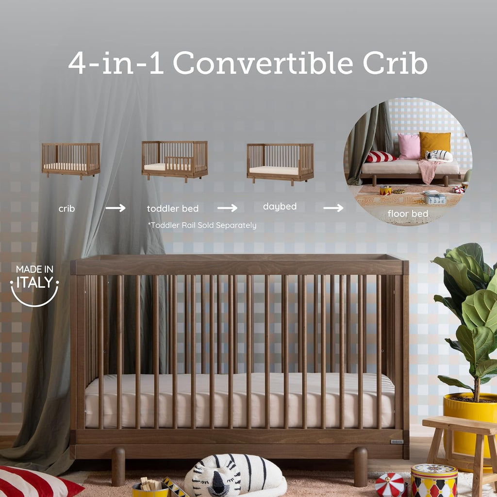 Baby Bliss 4-in-1 Convertible Wood Crib Bed, Made in Italy, Walnut | Crib to Toddler & Day Bed, GREENGUARD Gold