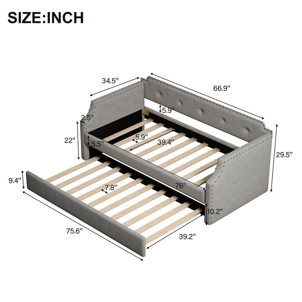 Twin Daybed with Trundle, Upholstered Daybed with Trundle, Twin Size Trundle Daybed Sofa Bed Living Room, No Box