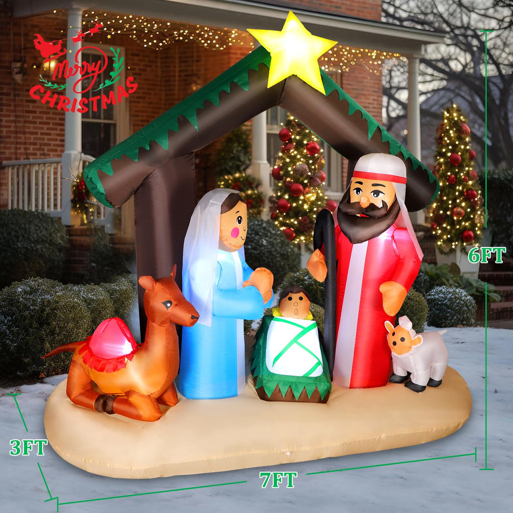 7FT Christmas Inflatable Nativity Scene with Baby Jesus, Parents, Donkey, Sheep, Star, Blow Up Manger Set Indoor &