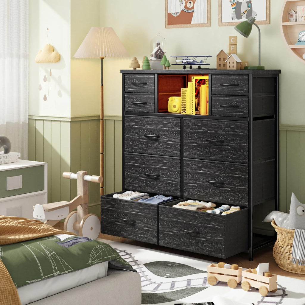 Black Dresser with Charging Station & LED, 10 Drawers