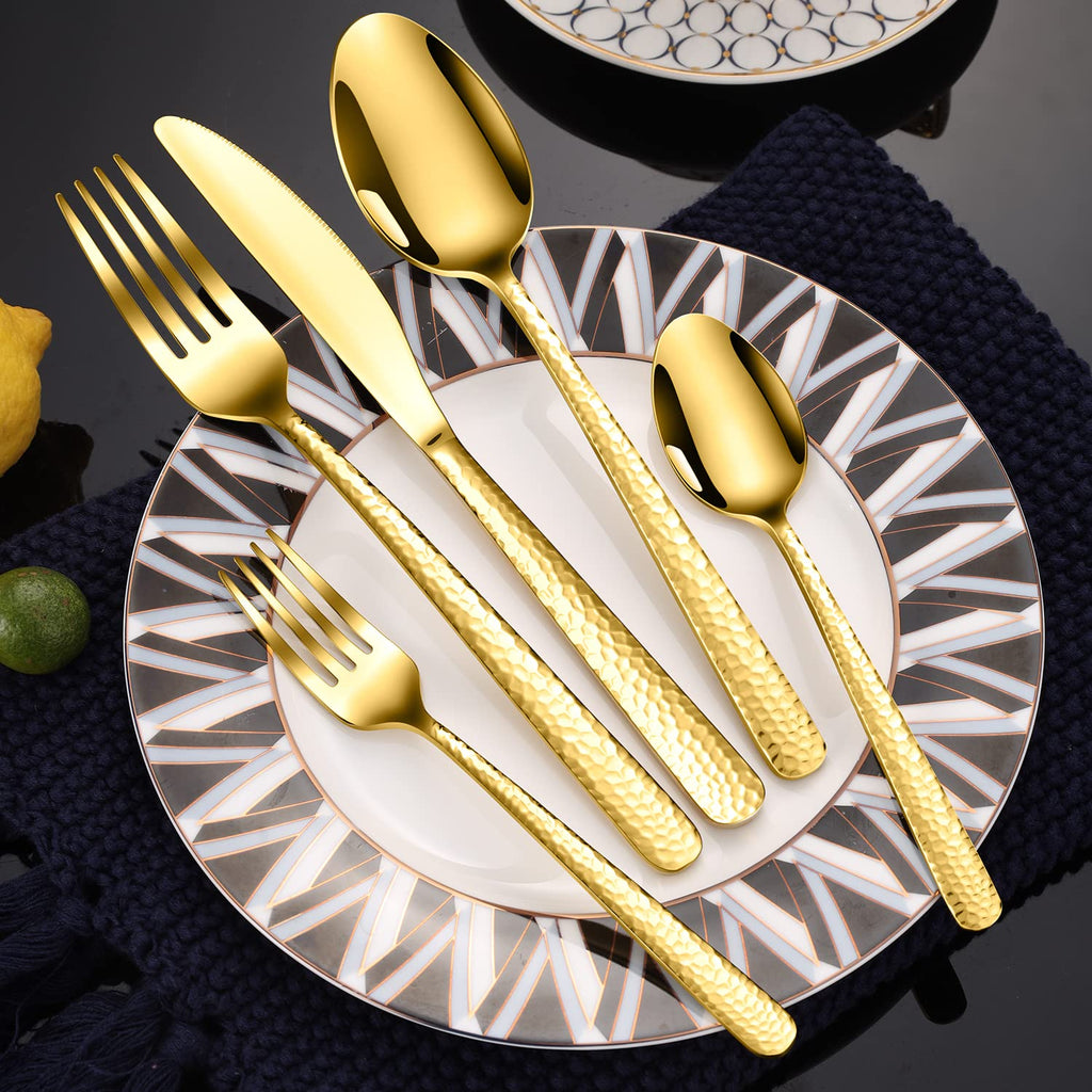 Hammered Silverware Set, 30 Pieces Flatware Set Service for 6, Mirror Polished Cutlery Utensil Set Include Fork Knife