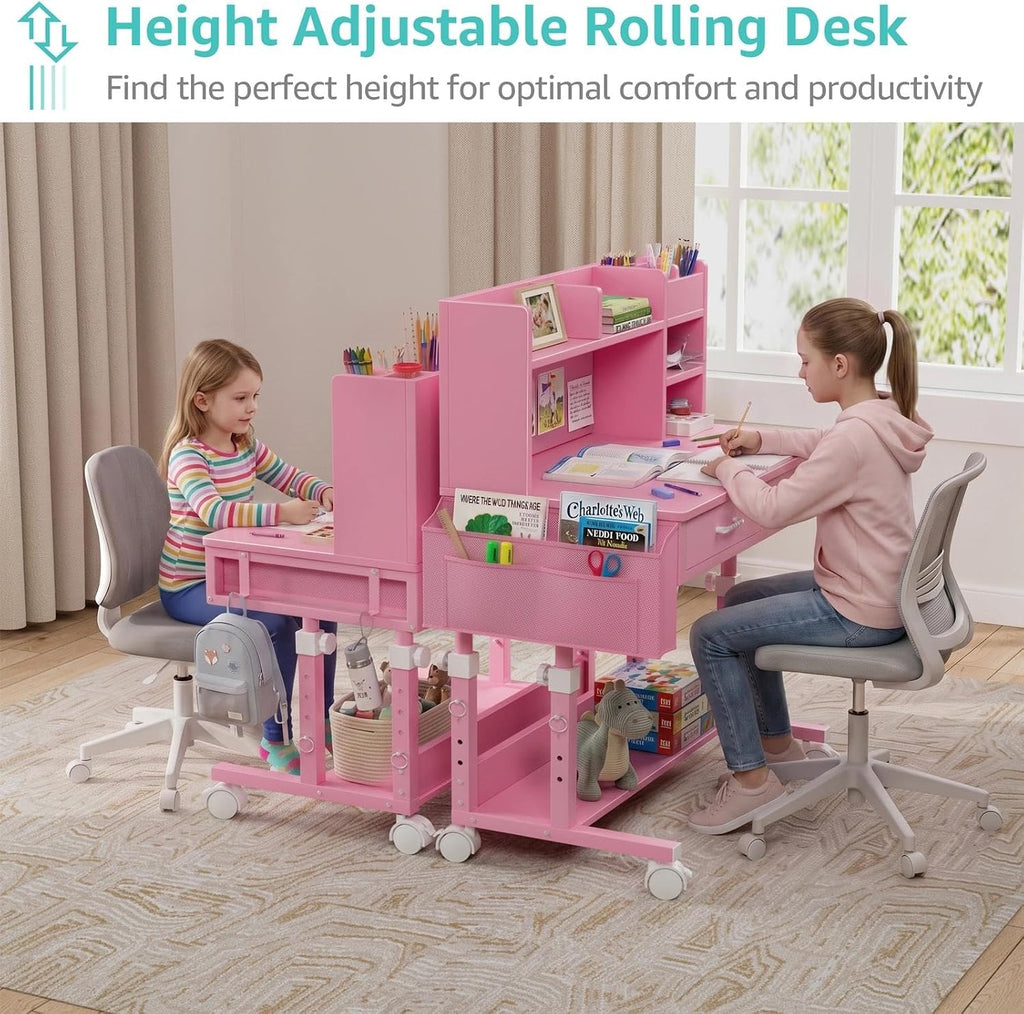 Pink Kids Desk with Hutch, 32" Height Adjustable Mobile Rolling Girls Desk