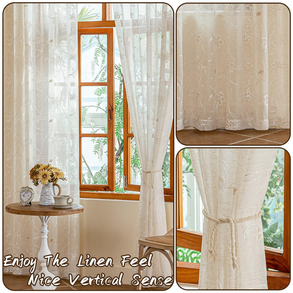 2 Panels Linen Floral Leaf Embroidered Semi Sheer Curtain Farmhouse Voile Curtains Bedroom Window Treatment Beige 52