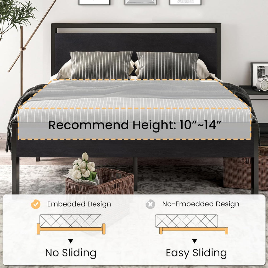 14 Inch Full Metal Platform Bed Frame with Wooden Headboard and Footboard, Mattress Foundation, No Box Spring Needed