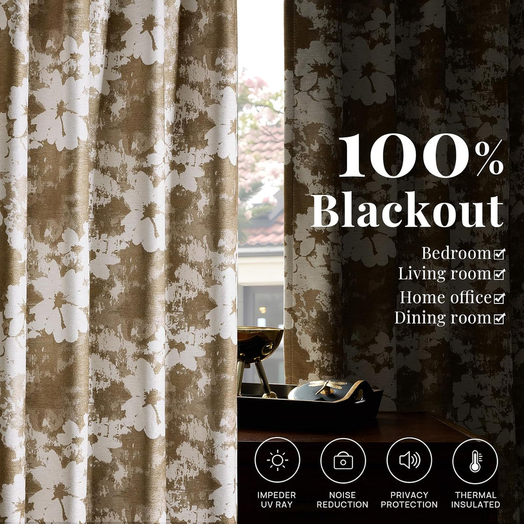 100% Blackout Taupe Floral Curtains,Vintage 96 Inch Thick Window Drapes 2 Panels Set for Living Room Thermal