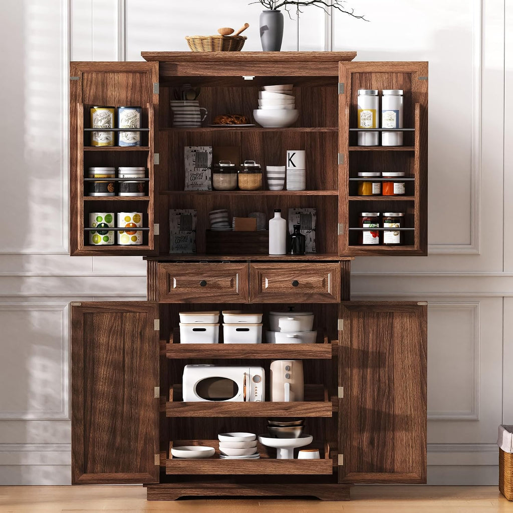 71" Tall Farmhouse Pantry Cabinet with Pull-Out Shelves, Brown | Farmhouse Pantry Cabinet, Pull-Out Organizers, Door