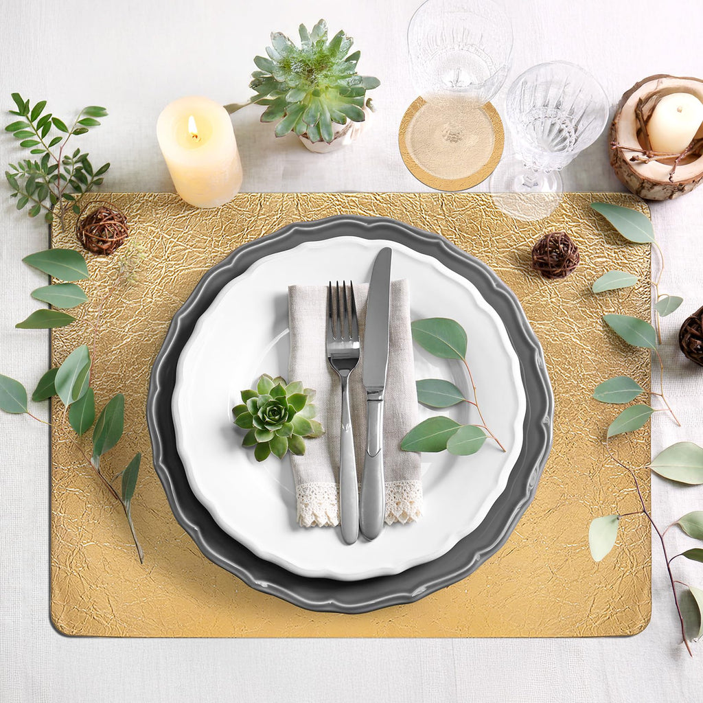 Faux Leather Placemats Set of 6 with Coasters, 12x17inch Non-Slip Heat Resistant Dual-Sided Gold Crackled Place Mats