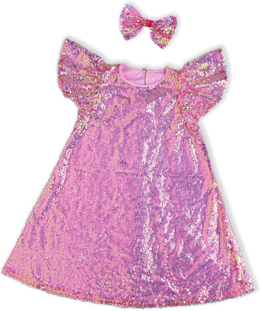 Sequin Dress Shiny Short Flutter Sleeve Midi Sparkly Party Dress with Hairbow