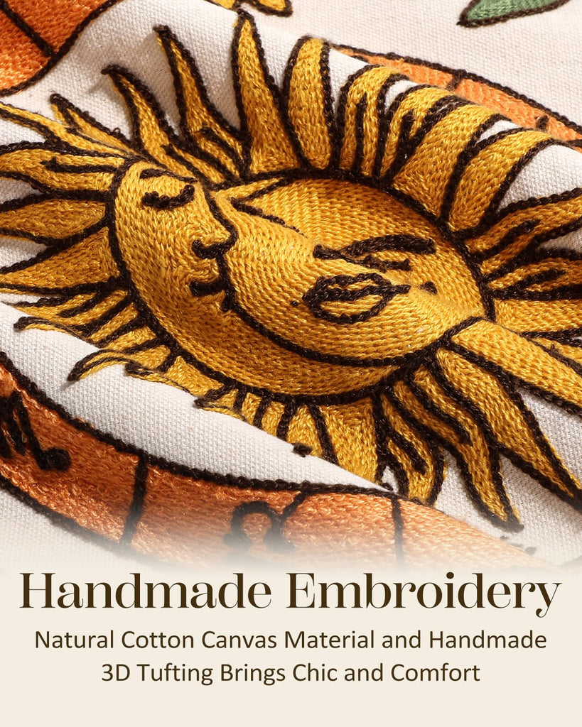 Embroidered Throw Pillow Cover 20x20 Inch, Sunflower Moon