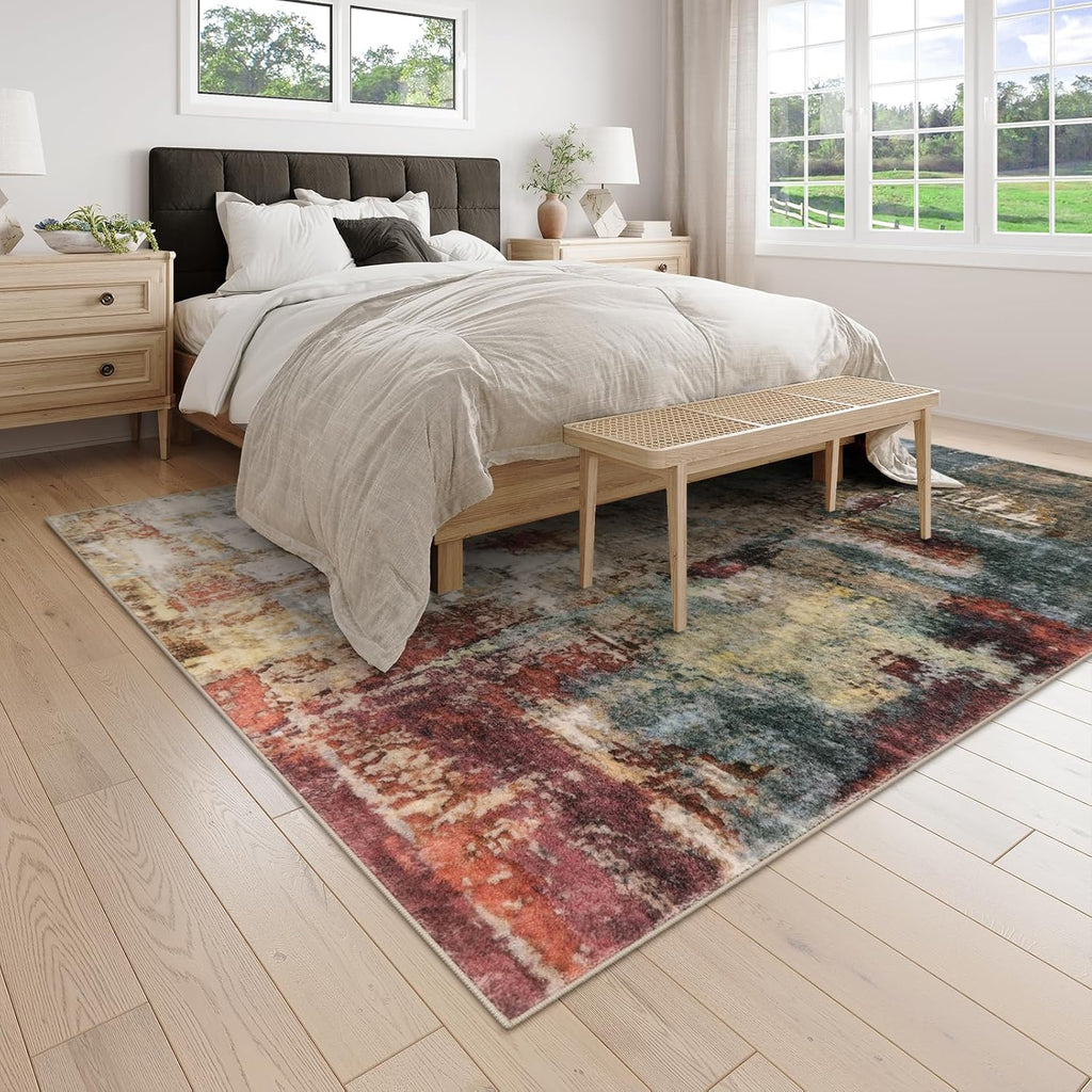 Modern Abstract Living Room Rug 8x10, Washable 8x10 Area Rugs for Bedroom Stain Resistant Non Slip, Large Red Soft