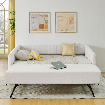 Full Size Upholstery Daybed with Erectable Trundle and Vertical Stripes, Full to King Design Extendable Linen Sofa